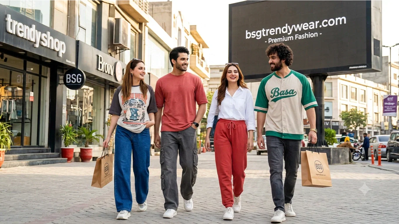 Fashionable group showcasing popular Western wear brands in Pakistan on a lively street