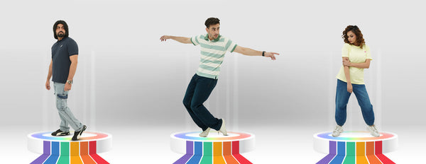 Models showcasing casual outfits from the Summer Drop 2 - 2025 collection on colorful podiums