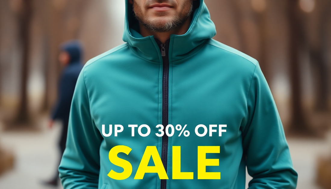Men's activewear hoodie promoting the Quaid Day and New Year SALE with up to 30 percent off