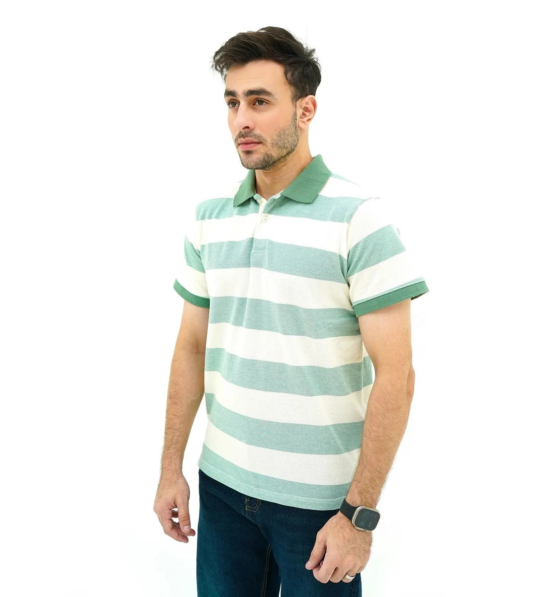 Men Polo shirt in a stylish green and white striped design, perfect for casual and comfortable wear