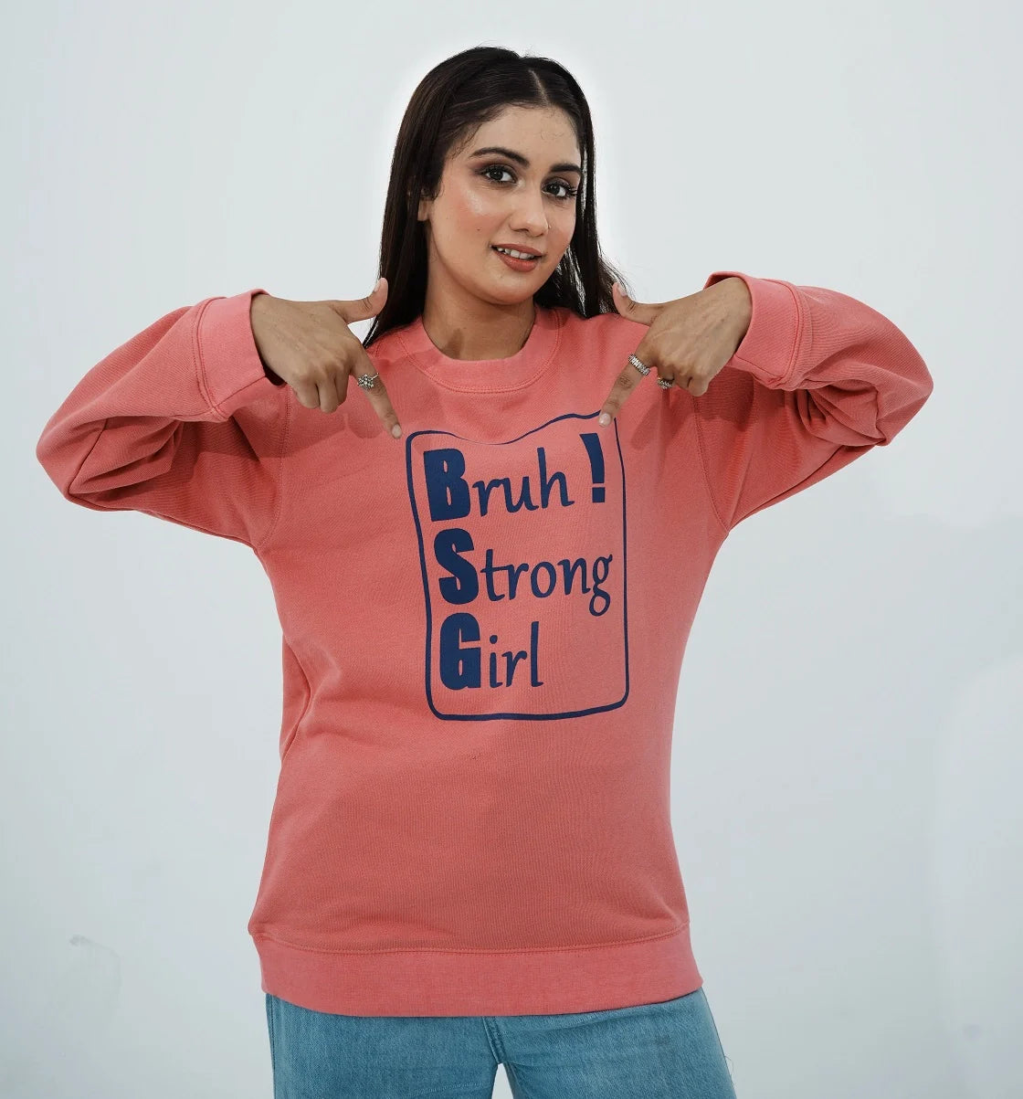 Women BSG Collection Sweatshirt in Pink with Strong Girl Graphic for Stylish and Comfortable Everyday Wear