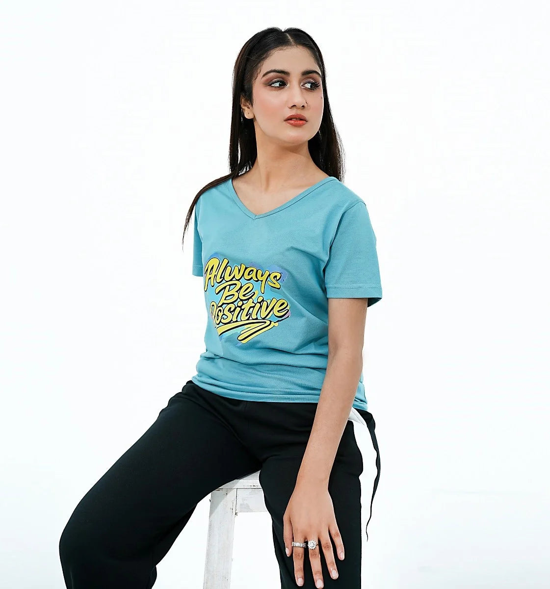 Trendy Women T-Shirts featuring a blue V-neck design with a positive graphic print