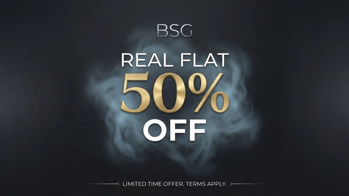 Promotional graphic for BSG 'FLAT 50% OFF'