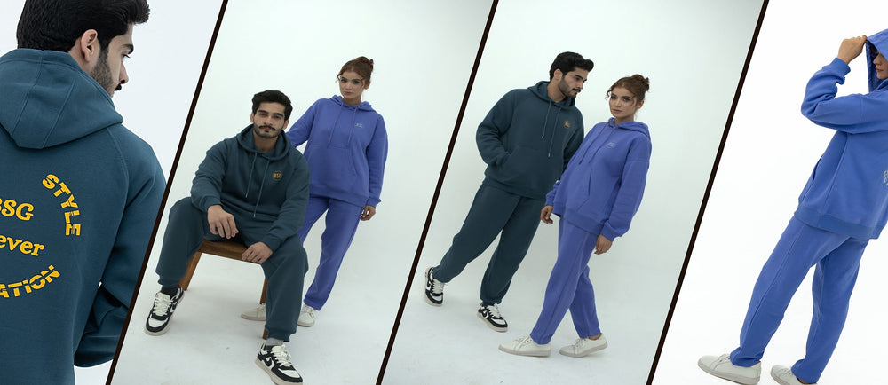 Collage of people wearing matching blue and green outfits on a white background