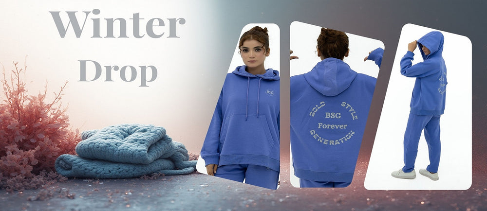 Blue winter outfit with text on a gradient background