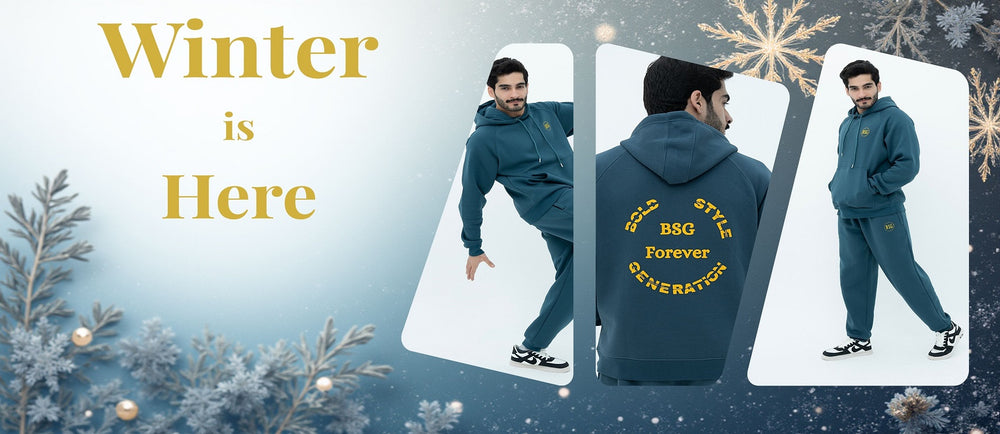 Man wearing a green tracksuit with text, surrounded by winter-themed decorations.