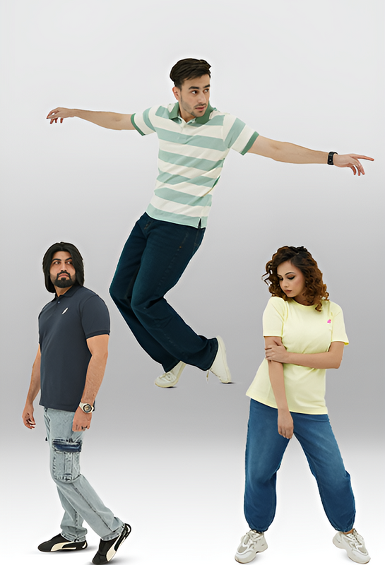 Three people posing in BSG casual clothing against a plain background
