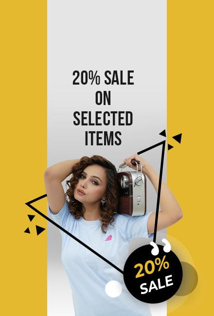 BSG Promotional poster with a woman holding a radio, featuring a 20% sale on selected items text.