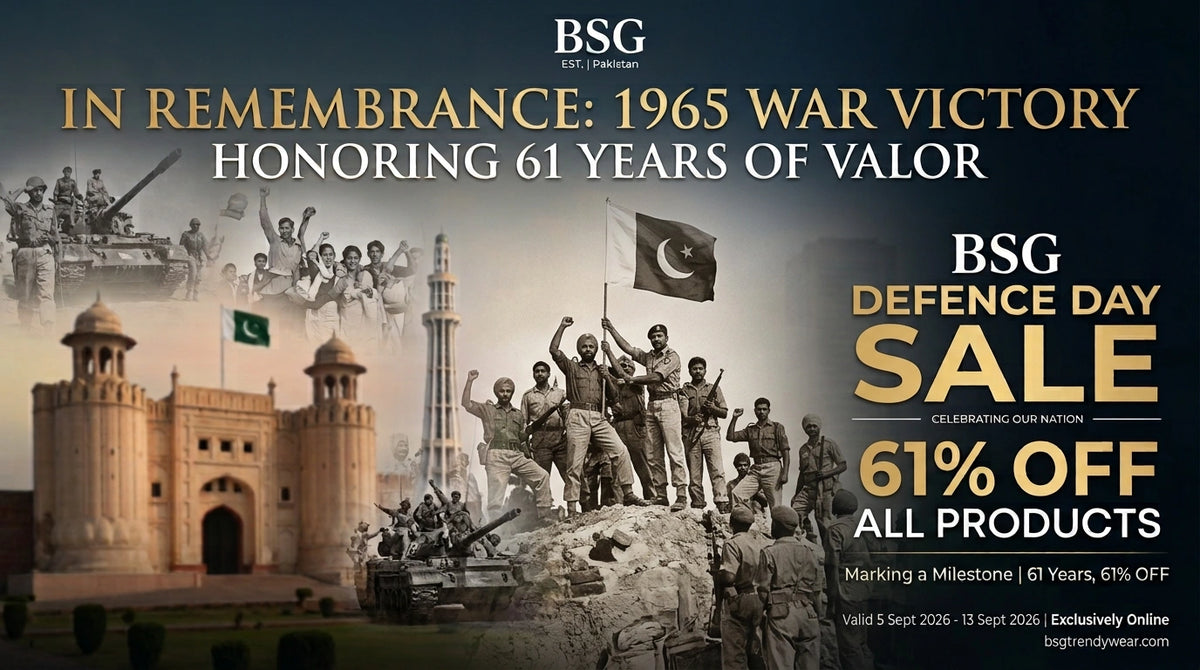 Promotional sale graphic for BSG with text reading 'In Remembrance: 1965 War Victory Honoring 61 Years of Valor' and 'BSG Defence Day Sale 61% Off All Products,' over a collage of historical military scenes and Pakistan flags.