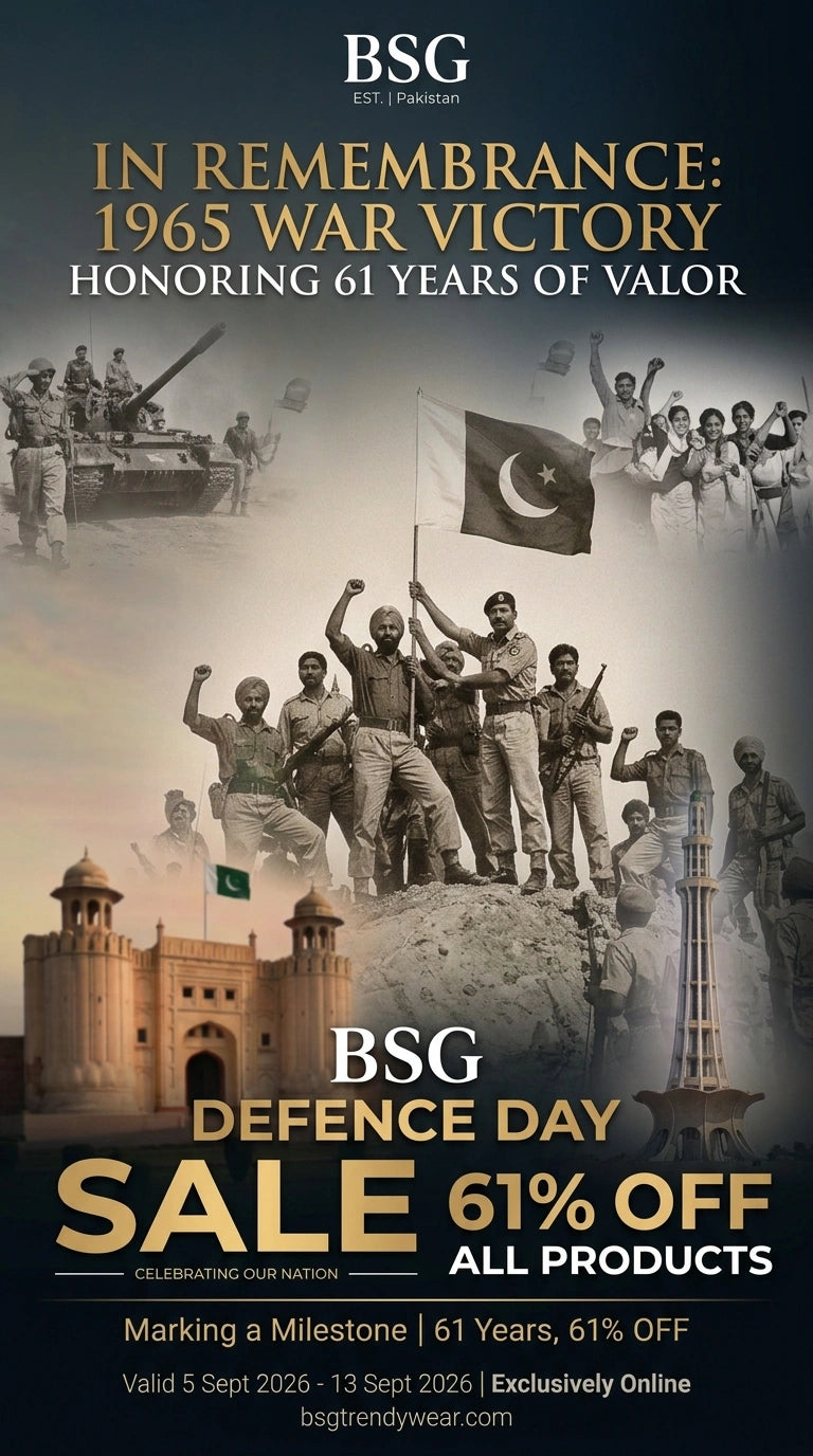 A promotional sale poster for BSG Defence Day featuring historical Pakistani military imagery, including soldiers, tanks, a flag, and a fort, with large text advertising a 61% off sale.