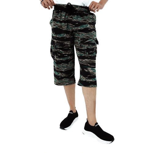 Men's Adventure Ready Camo Shorts with an elastic waistband and cargo pockets for outdoor activities