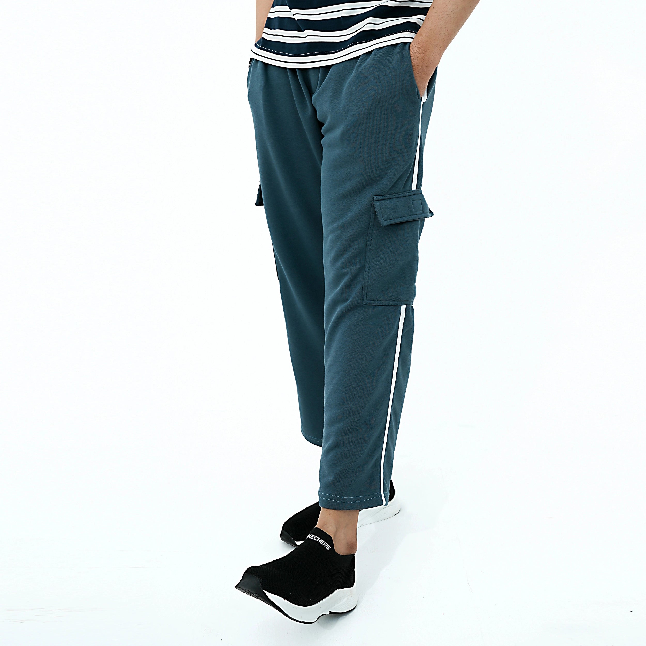 Men's AeroStride Side-Stripe Trouser in teal with cargo pockets and side stripes for casual wear