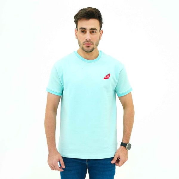 Men's Aqua Breeze Misty Wave Terry Tee Shirt by BSG in light blue with short sleeves and red logo