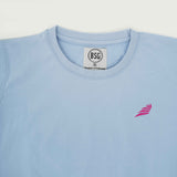 BSG women’s Azure Noir Chic Contrast Tee Shirt in light blue with round neckline and pink logo embroidery