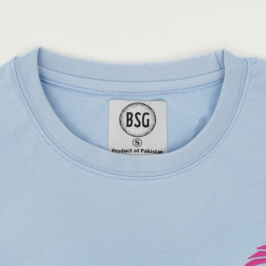 Close-up of BSG Azure Noir Chic Contrast Tee Shirt showing the neckline and brand label detail