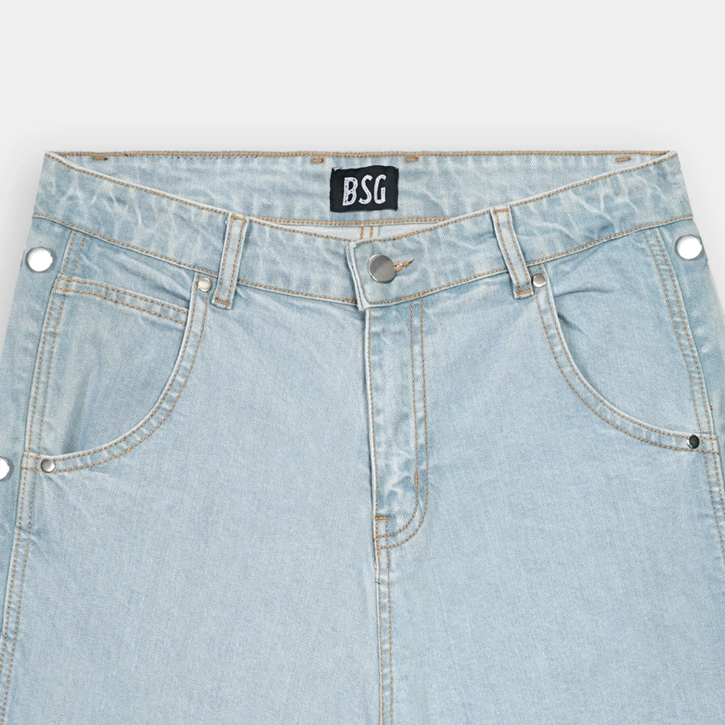Baggy Side buttons Sky Blue Long Denim Jorts for a relaxed summer style by BSG