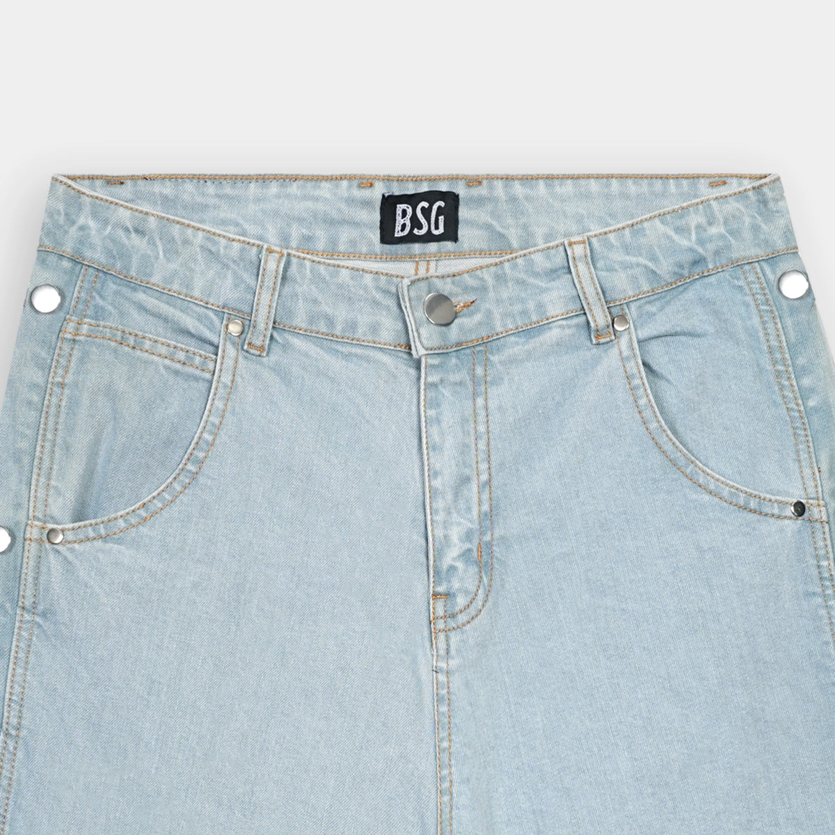 Baggy Side buttons Sky Blue Long Denim Jorts for a relaxed summer style by BSG