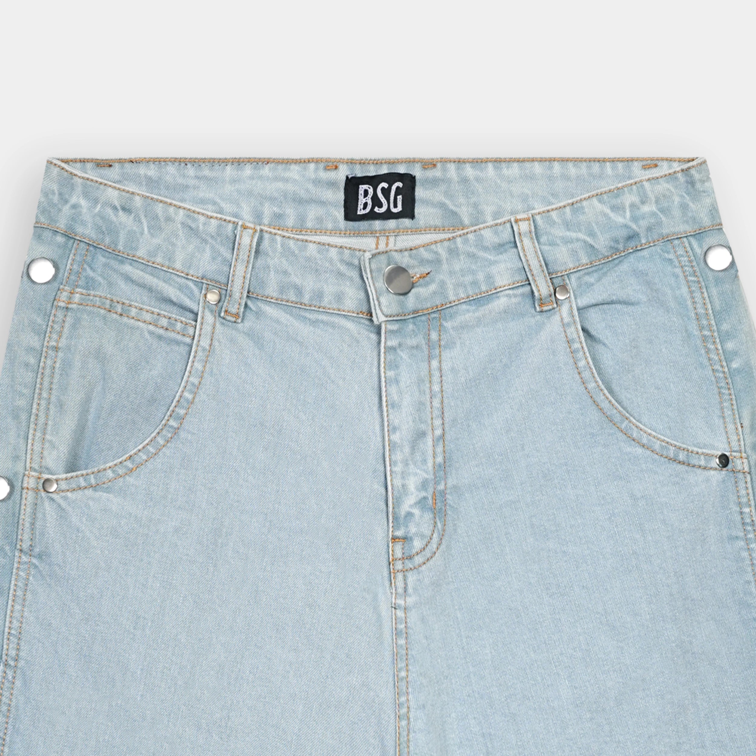 Baggy Side buttons Sky Blue Long Denim Jorts for a relaxed summer style by BSG