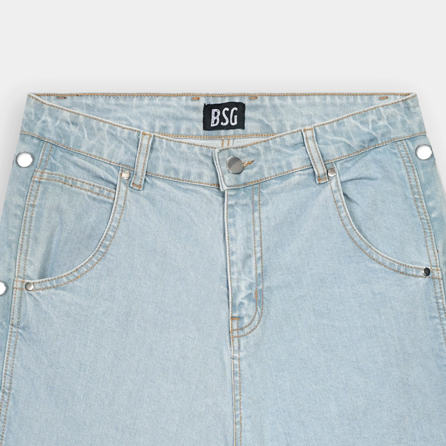 Baggy Side buttons Sky Blue Long Denim Jorts for a relaxed summer style by BSG