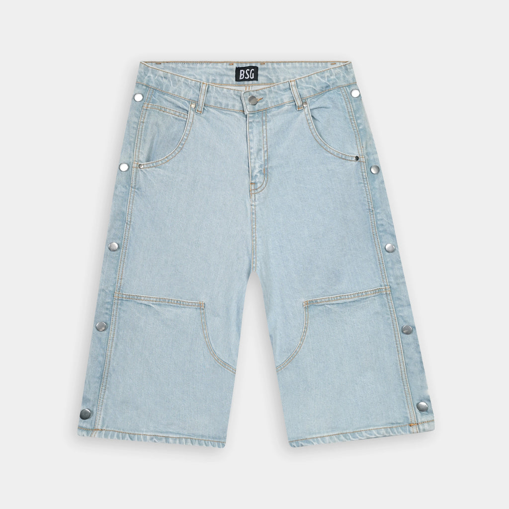 Baggy Side buttons Sky Blue Long Denim Jorts for stylish comfort. Perfect for casual wear from BSG.