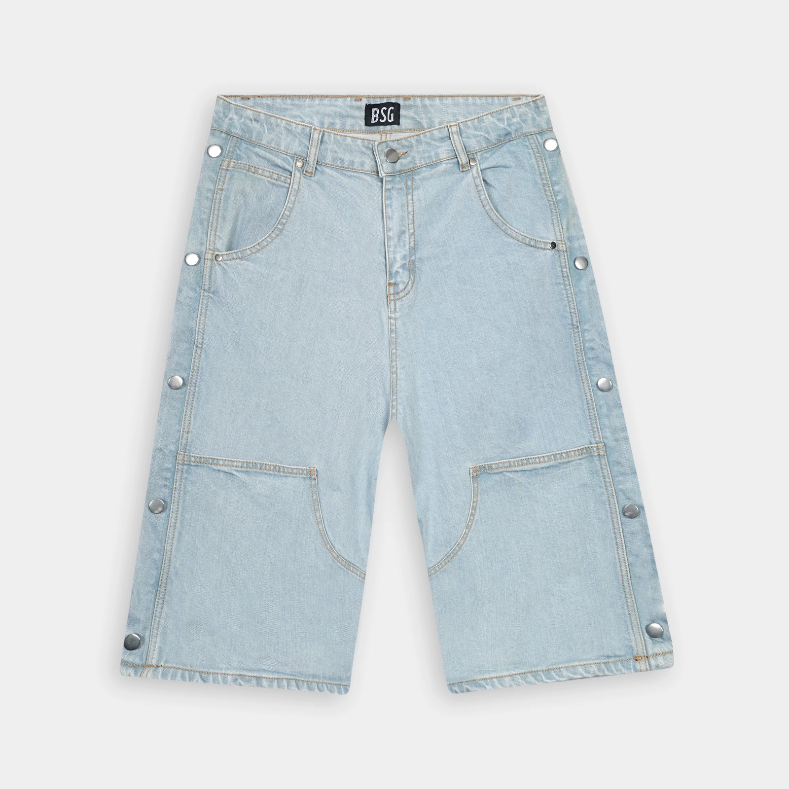 Baggy Side buttons Sky Blue Long Denim Jorts for stylish comfort. Perfect for casual wear from BSG.
