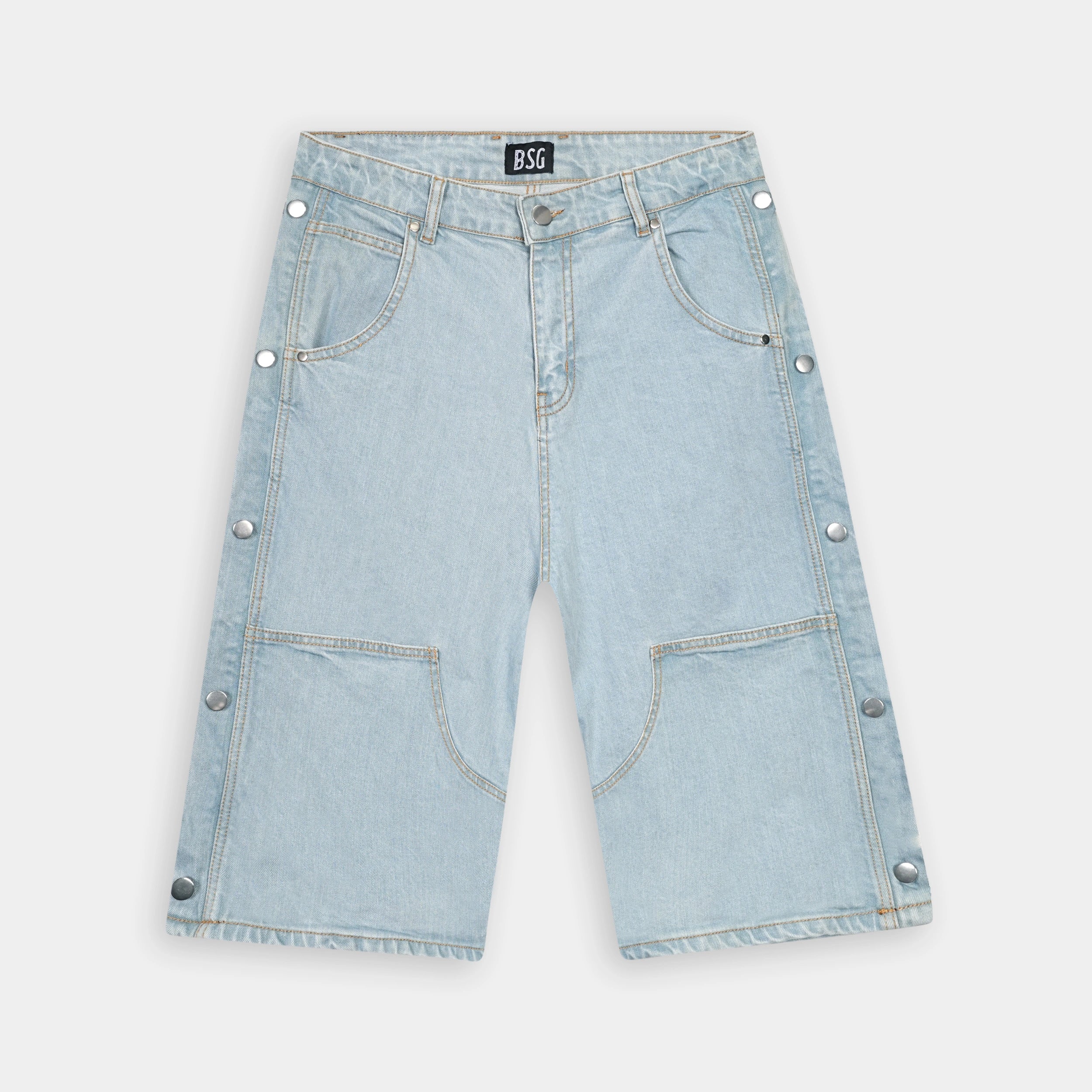 Baggy Side buttons Sky Blue Long Denim Jorts for stylish comfort. Perfect for casual wear from BSG.
