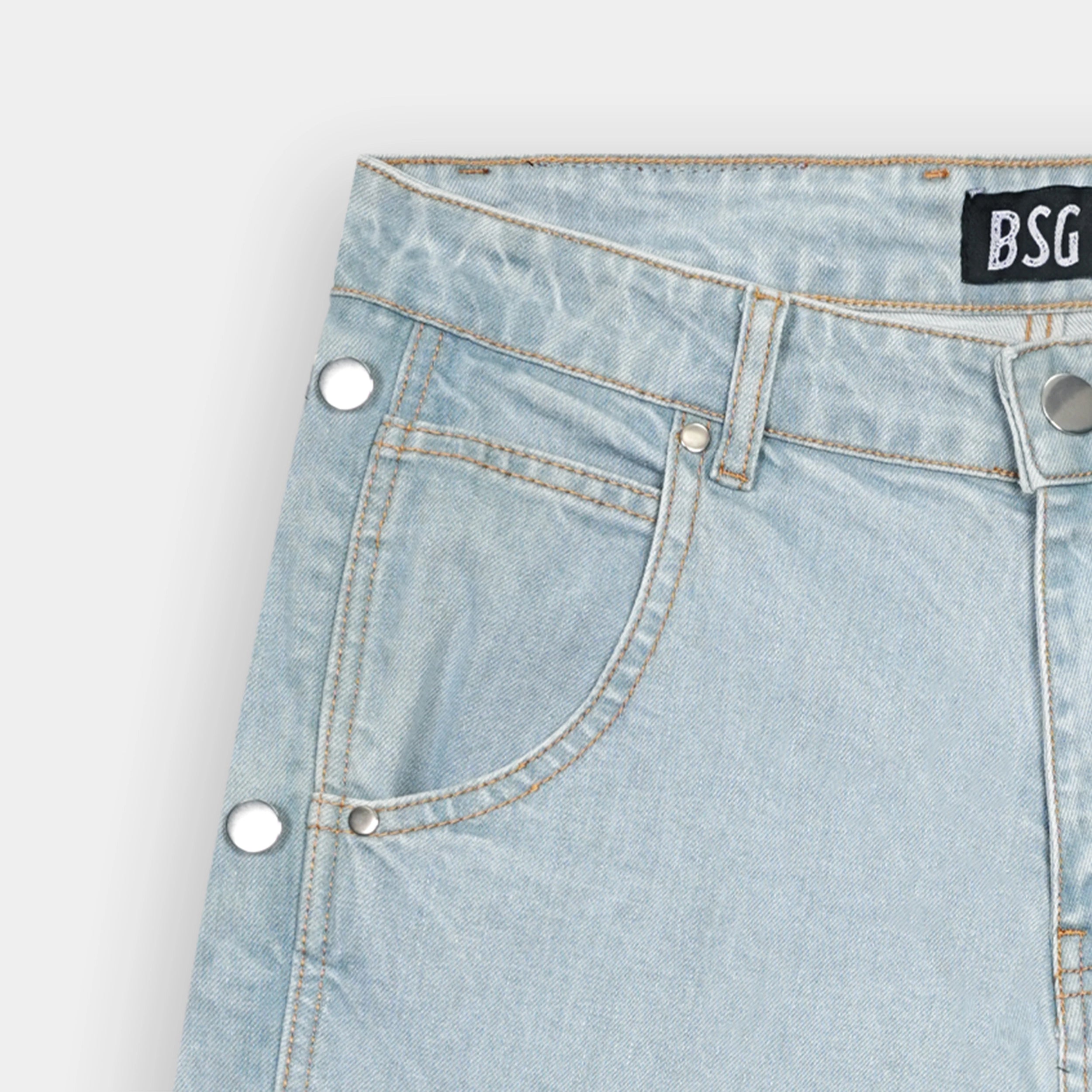 Stylish Baggy Side buttons Sky Blue Long Denim Jorts for a trendy summer look by BSG