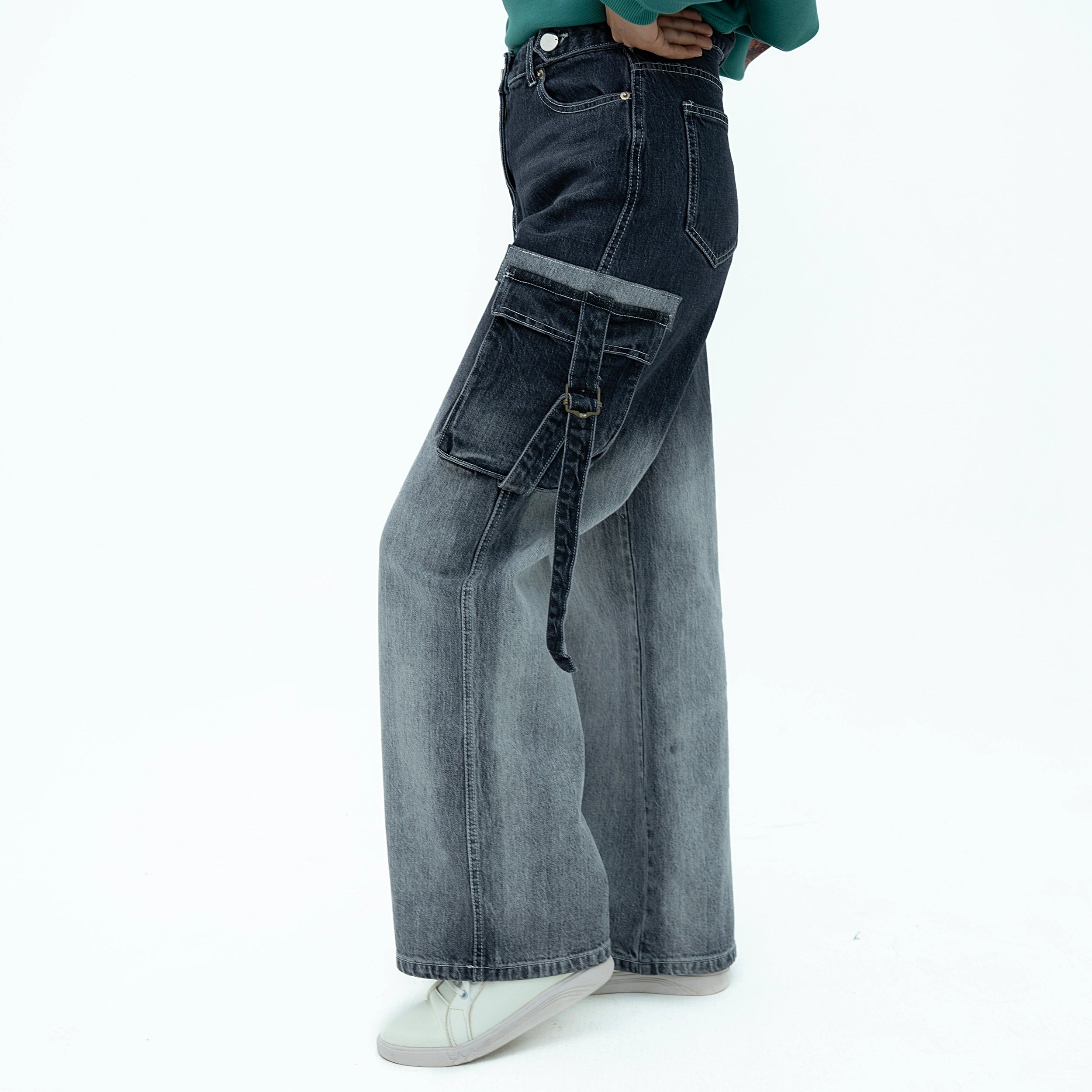 Stylish black gradient faded comfortable baggy jeans with utility pockets by BSG for a trendy look