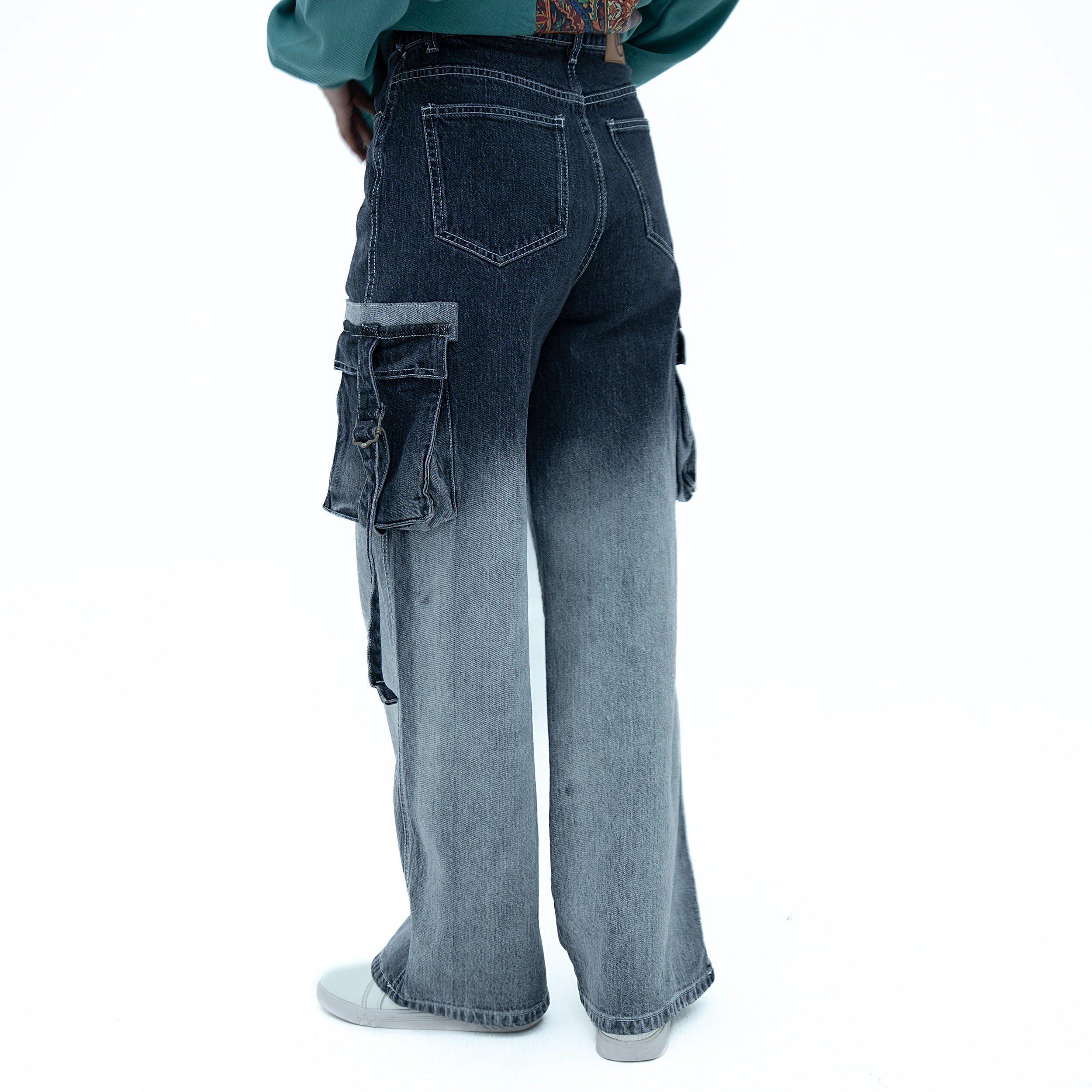 Stylish Black Gradient Faded Comfortable Baggy Jeans with Cargo Pockets from BSG for Effortless Fashion