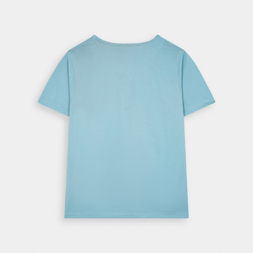 Back view of the Blue V-Neck Good Vibes T-Shirt by BSG in a light blue color