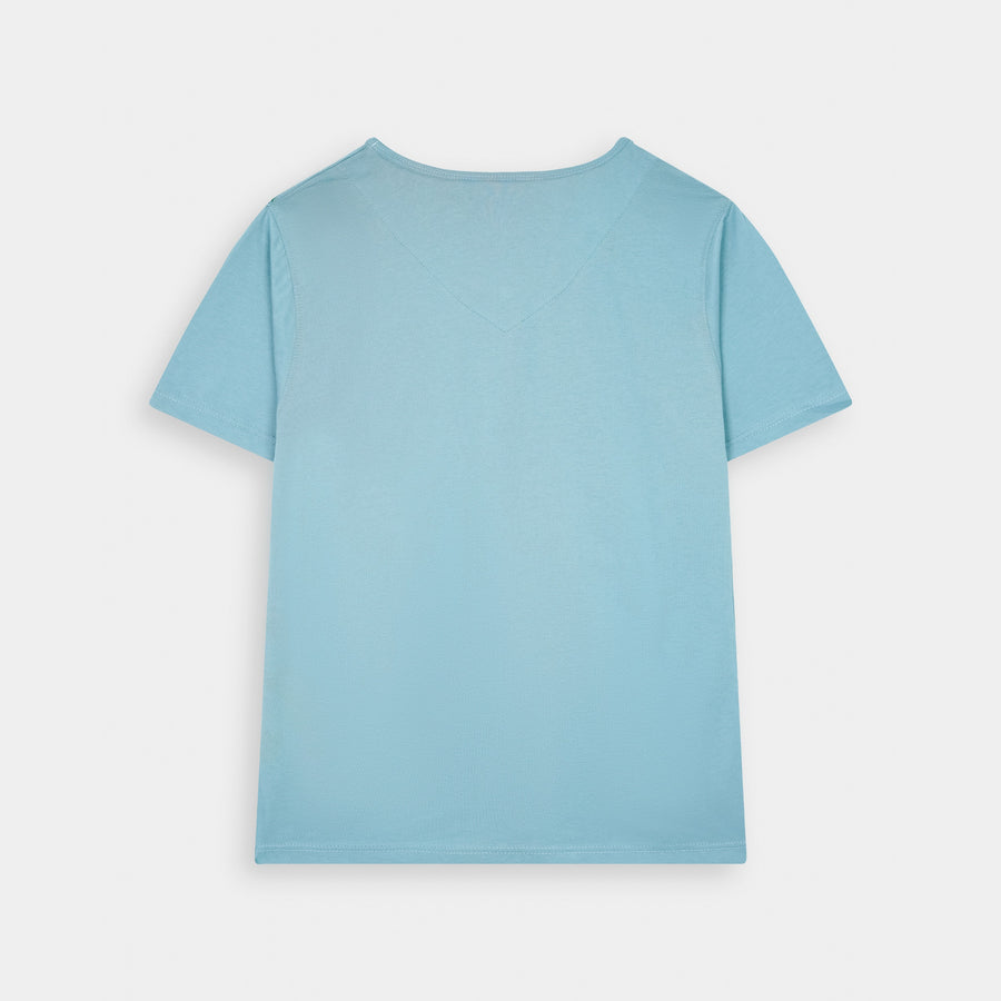 Back view of the Blue V-Neck Good Vibes T-Shirt by BSG in a light blue color