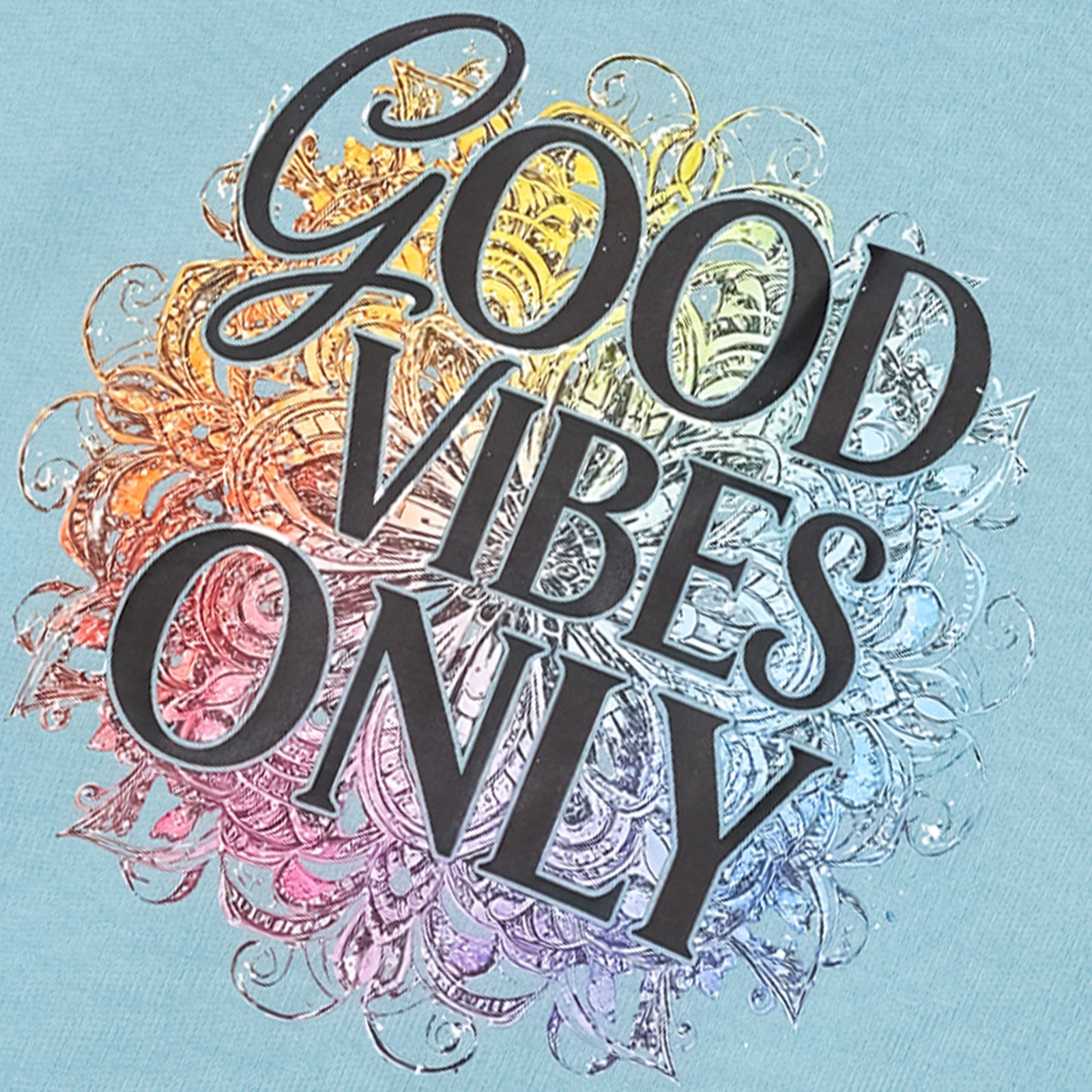BSG Blue V-Neck Good Vibes T-Shirt featuring colorful graphic design with Good Vibes Only text