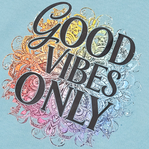 BSG Blue V-Neck Good Vibes T-Shirt featuring colorful graphic design with Good Vibes Only text