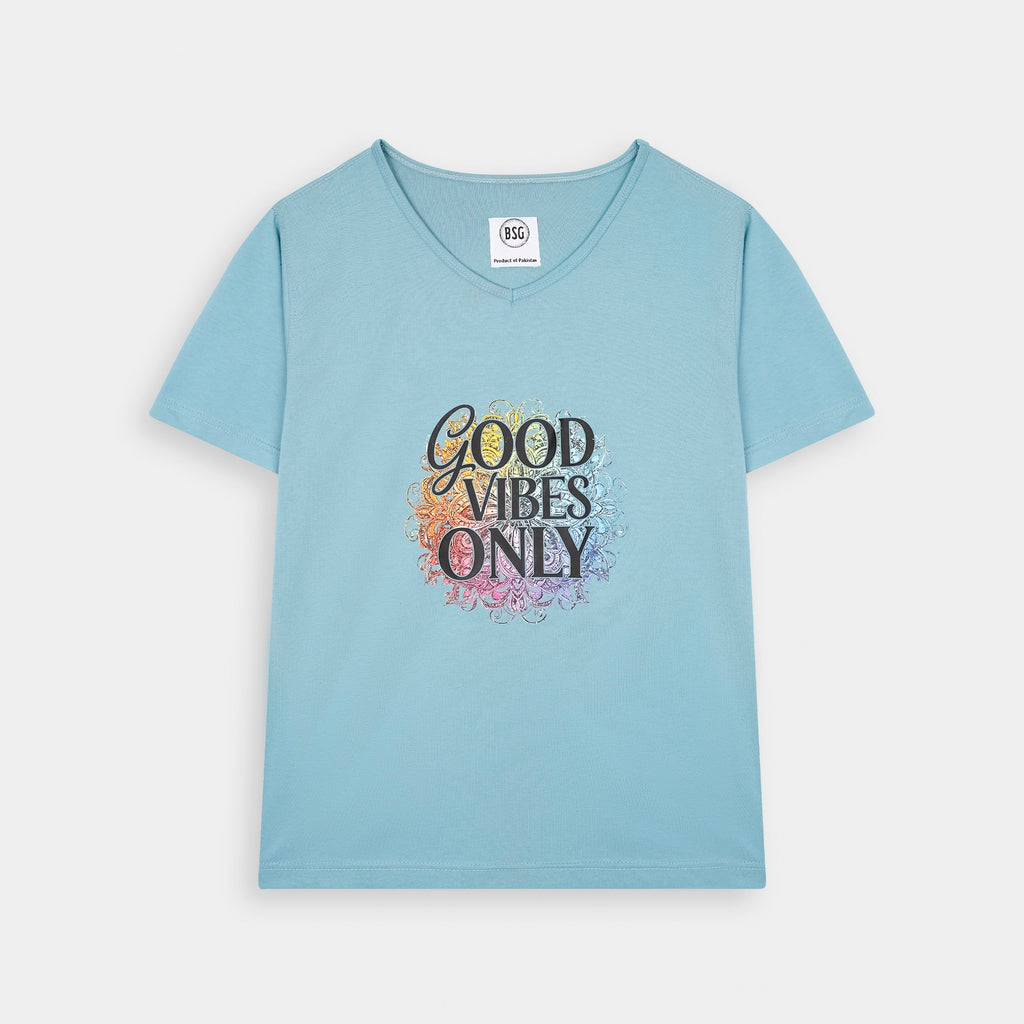 BSG Blue V-Neck Good Vibes T-Shirt with colorful text design for casual wear