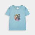 BSG Blue V-Neck Good Vibes T-Shirt with colorful text design for casual wear
