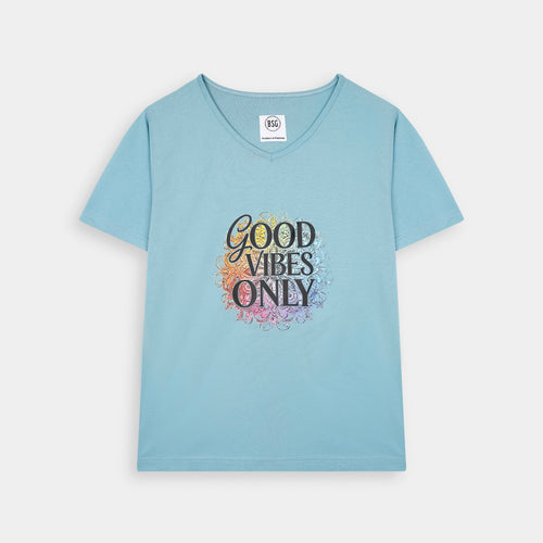 BSG Blue V-Neck Good Vibes T-Shirt with colorful text design for casual wear