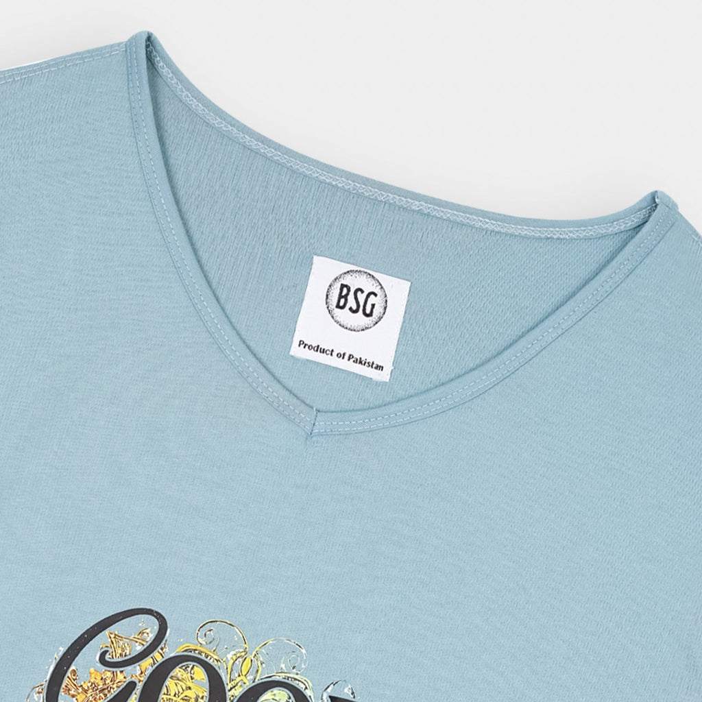 BSG Blue V-Neck Good Vibes T-Shirt with Soft Fabric and Comfortable Fit for Casual Style