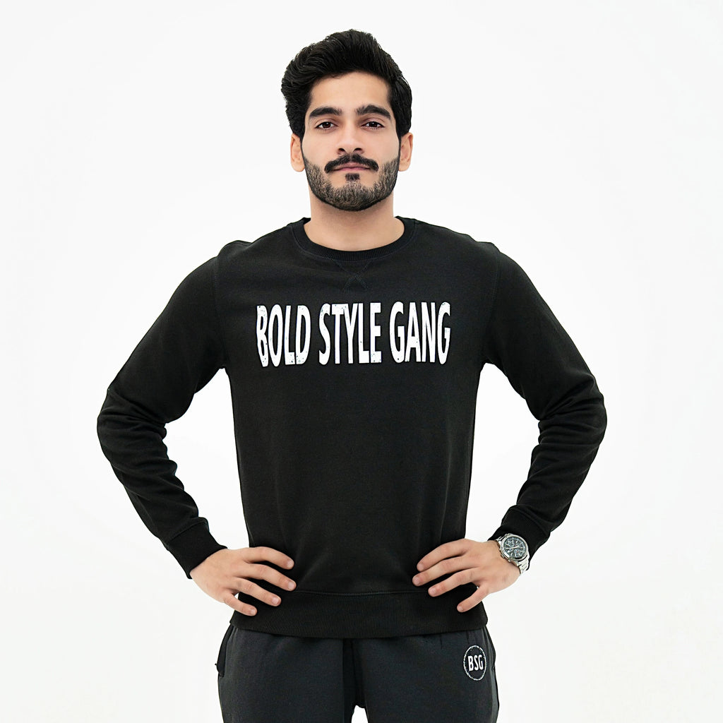 Bold Style Gang Signature Black Fleece Sweatshirt worn by a model, showcasing its stylish design and comfort