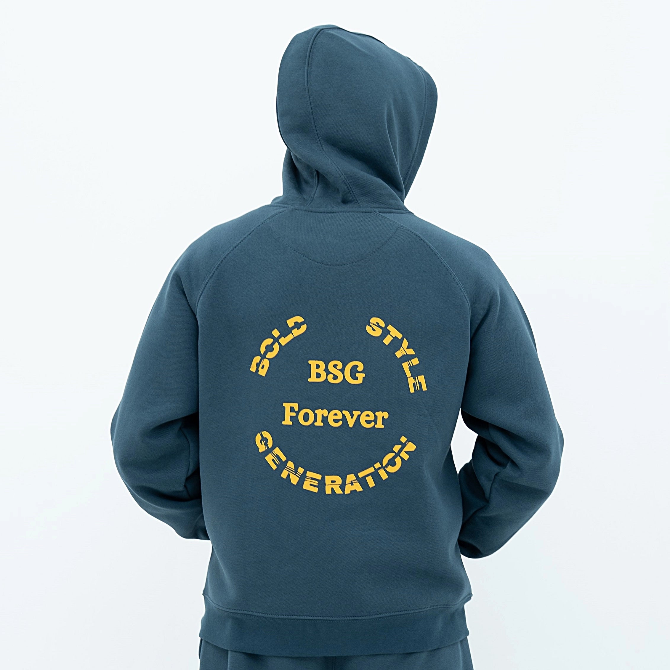Bold Style Generation Signature Deep Teal Hoodie featuring a unique back design with BSG Forever phrase