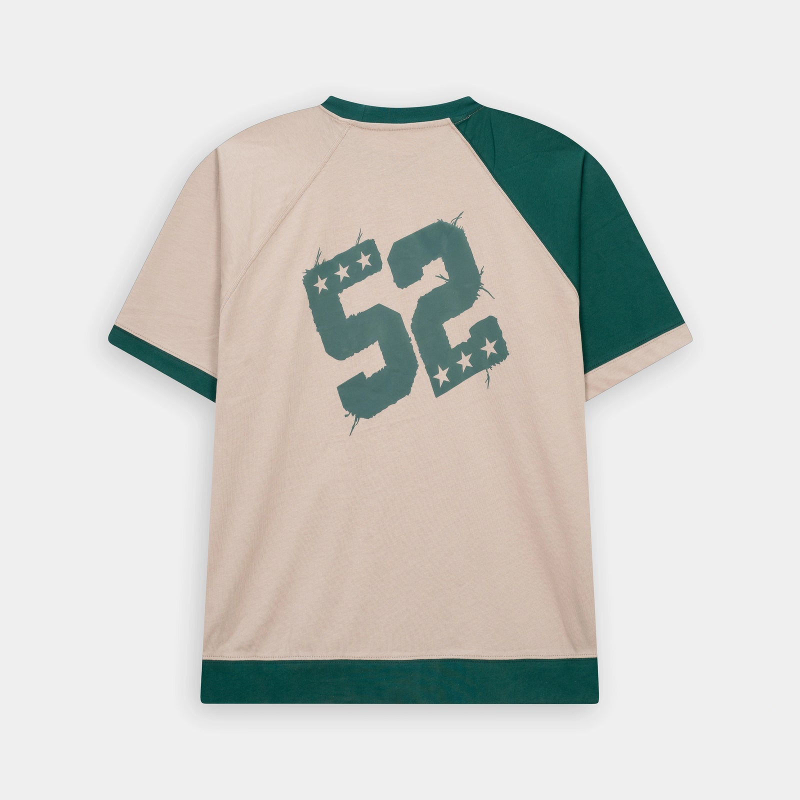 Stylish Boxy Fit Raglan Beige Emerald Green T Shirt with a unique graphic design, perfect for casual wear. BSG