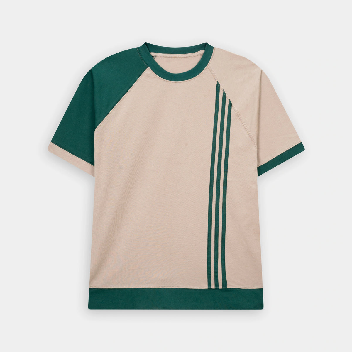 Boxy Fit Raglan Beige Emerald Green T Shirt with Stylish Stripes by BSG