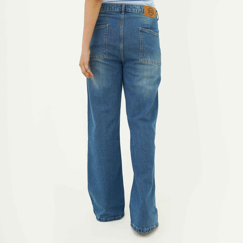 Women wearing BSG Breezy Blue Flapped Jeans showing back pockets and relaxed fit denim