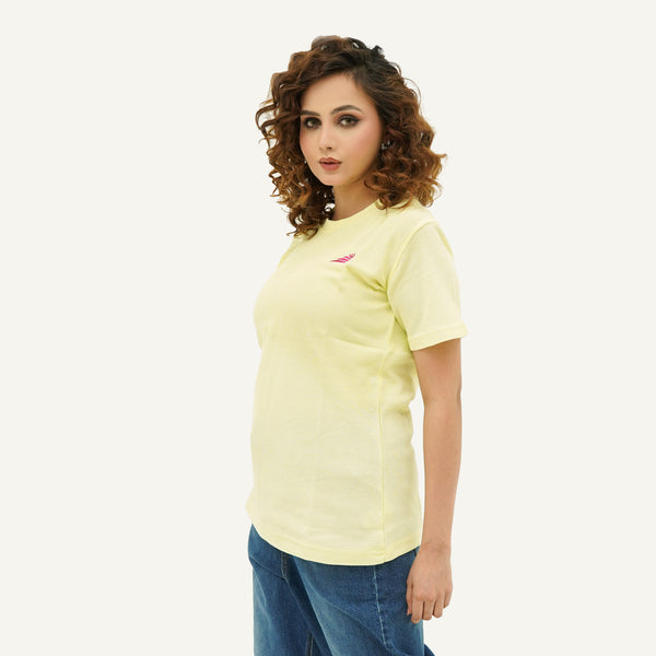 BSG Citrus Weave Breeze Tee Shirt worn by woman in light yellow with short sleeves and casual fit