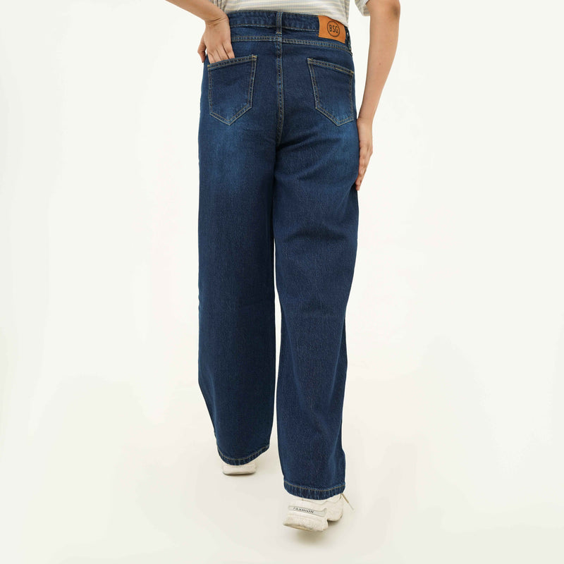 BSG women's Indigo Blue Wide Leg Jeans shown from the back with a relaxed fit and high waist