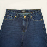 BSG women's Indigo Blue Wide Leg Jeans with gold rivets and button closure front view