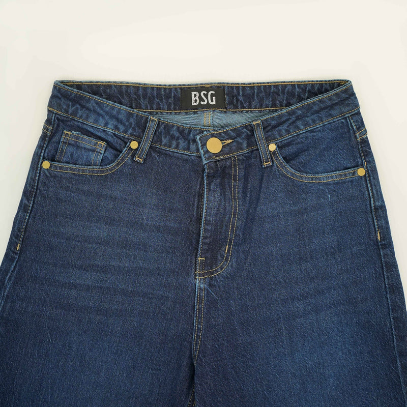 BSG women's Indigo Blue Wide Leg Jeans with gold rivets and button closure front view
