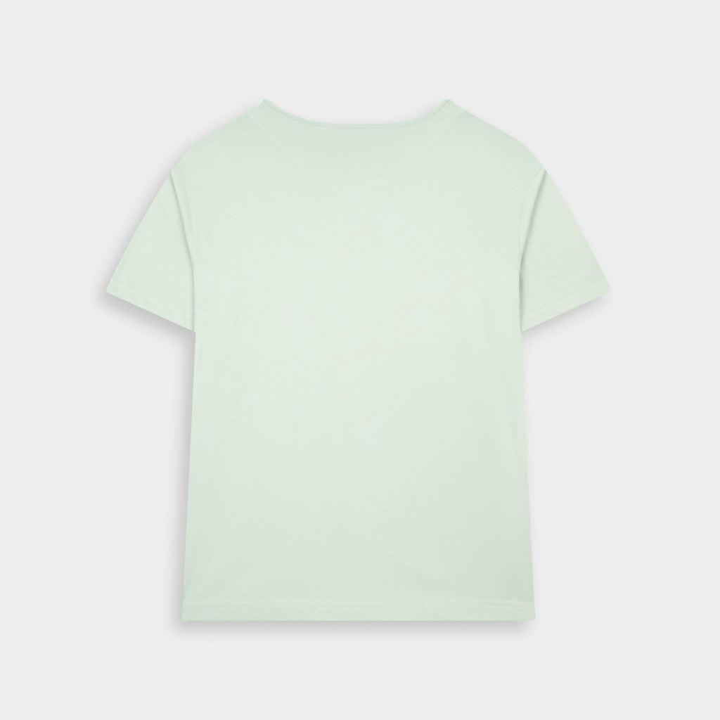 Back view of BSG Men's V-Neck Graphic T-Shirt in light mint color with short sleeves