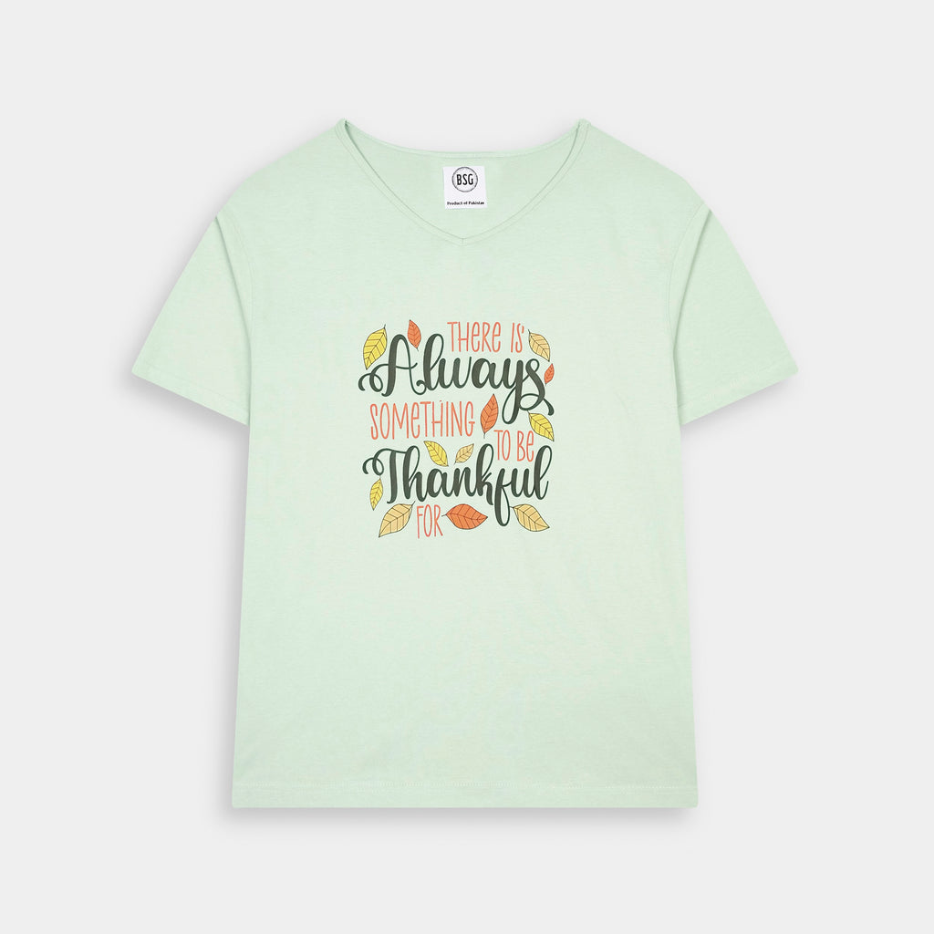 BSG Men's V-Neck Graphic T-Shirt in Light Green with Thankful Quote Design