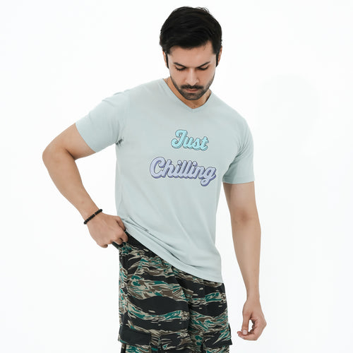 Men's BSG Chill Relaxation V-Neck Tee in Light Blue with Fun Graphic for Casual Outfits