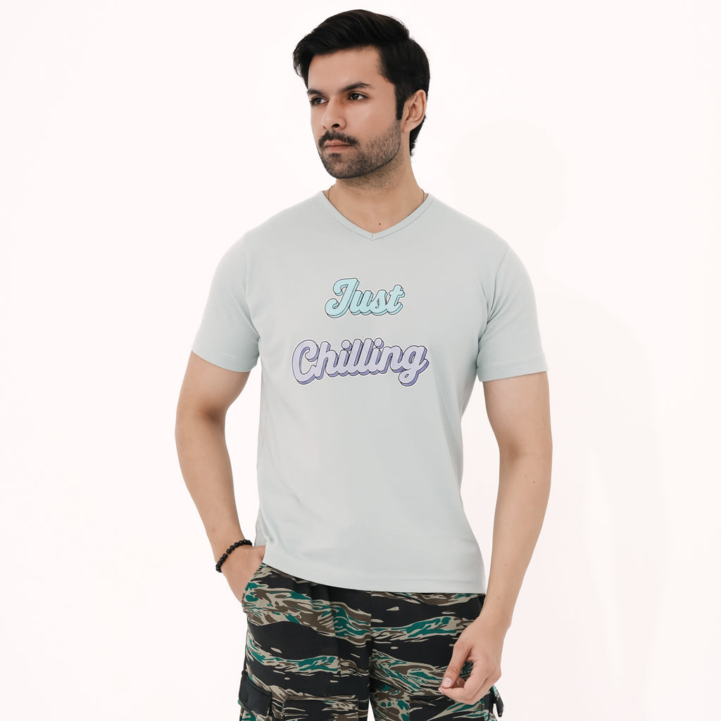 BSG Men's Chill Relaxation V-Neck Tee in light blue with 'Just Chilling' print for casual wear